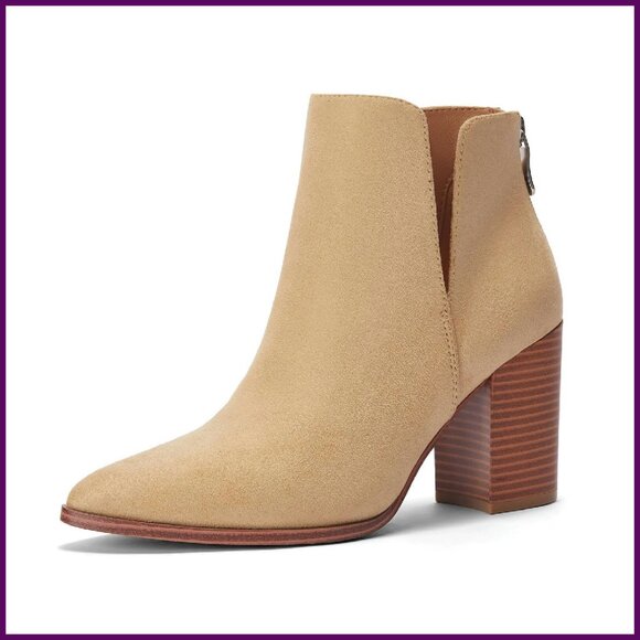 Pointed Toe Ankle Booties Stacked Block Heel Cutout Back Zipper Faux Leather - Picture 1 of 8